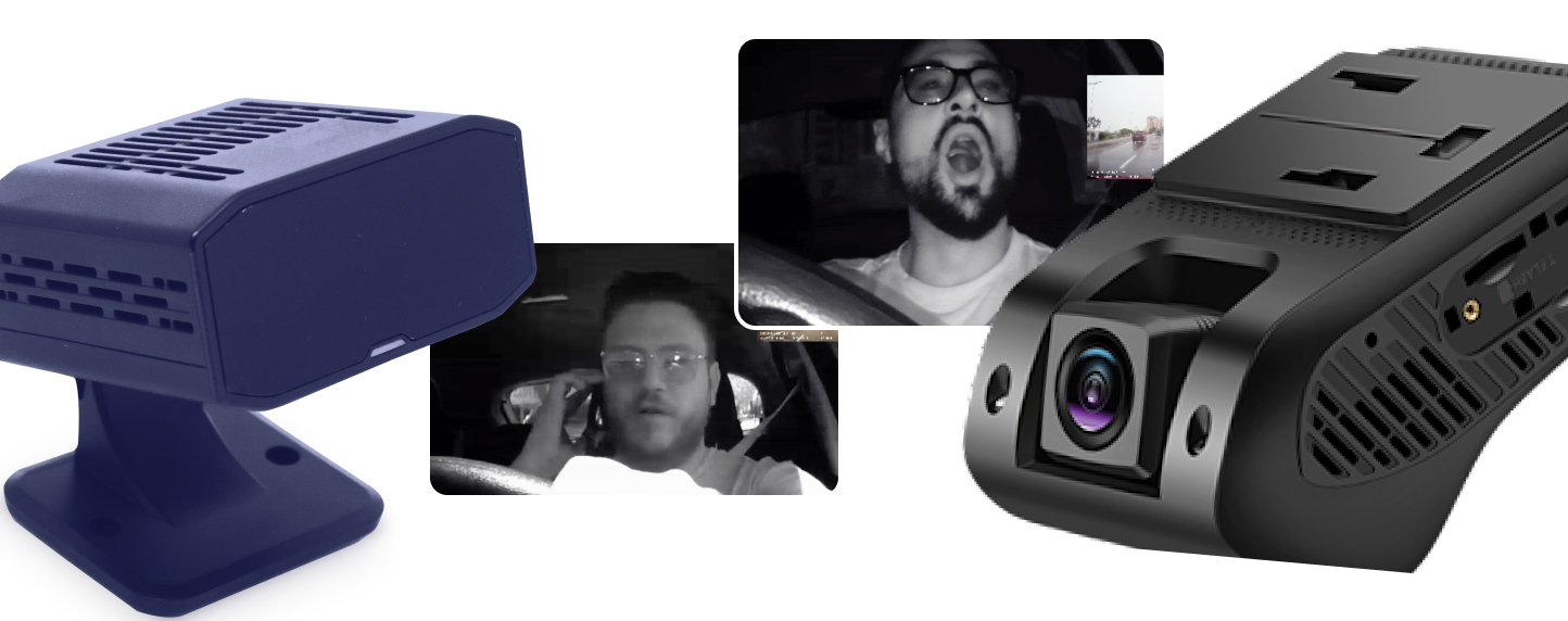 Images from the onboard camera device, showing internal and external views of the vehicle; and capturing events of driver fatigue and cellphone use while driving.