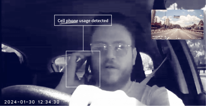 Person talking on the phone while driving and camera detecting cellphone use at the wheel.