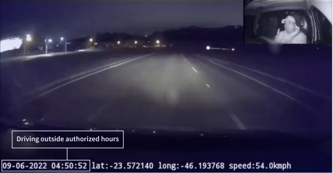 Roadway image with driver operating vehicle outside working hours.
