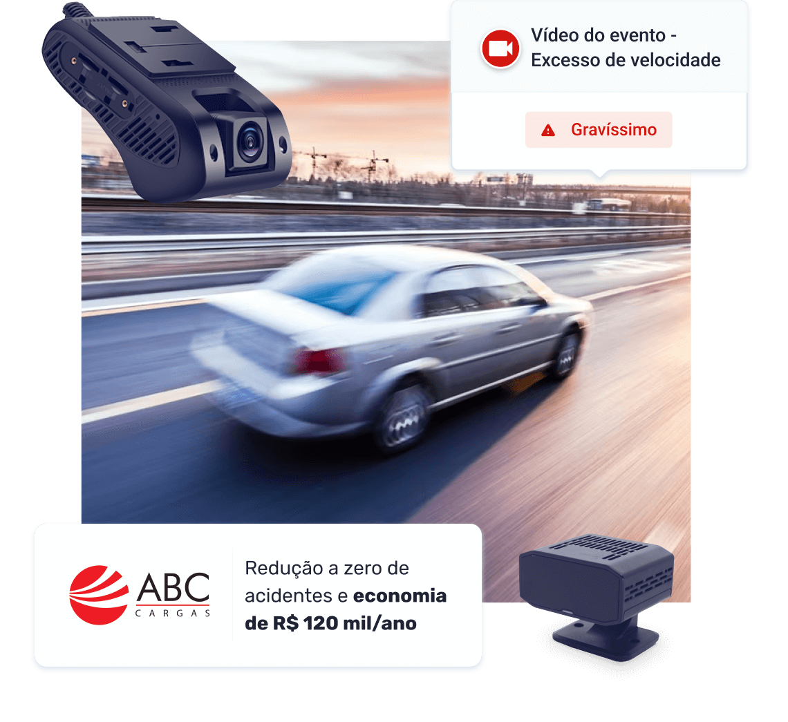 A imagem mostra um carro em alta velocidade em uma rodovia, indicando um caso de excesso de velocidade. No canto superior direito, há uma câmera de monitoramento com a legenda "Vídeo do evento - Excesso de velocidade" e um alerta de "Gravíssimo". Na parte inferior da imagem, o logotipo da empresa "ABC Cargas" está acompanhado de um texto que destaca "Redução a zero de acidentes e economia de R$ 120 mil/ano". Ao lado do carro, há outra câmera de monitoramento, reforçando o uso de tecnologia para segurança e economia.