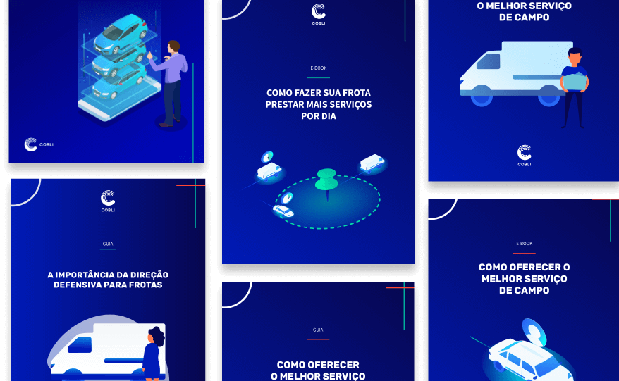 Múltiplos materiais gratuitos da Cobli, exibidos como capas de livros