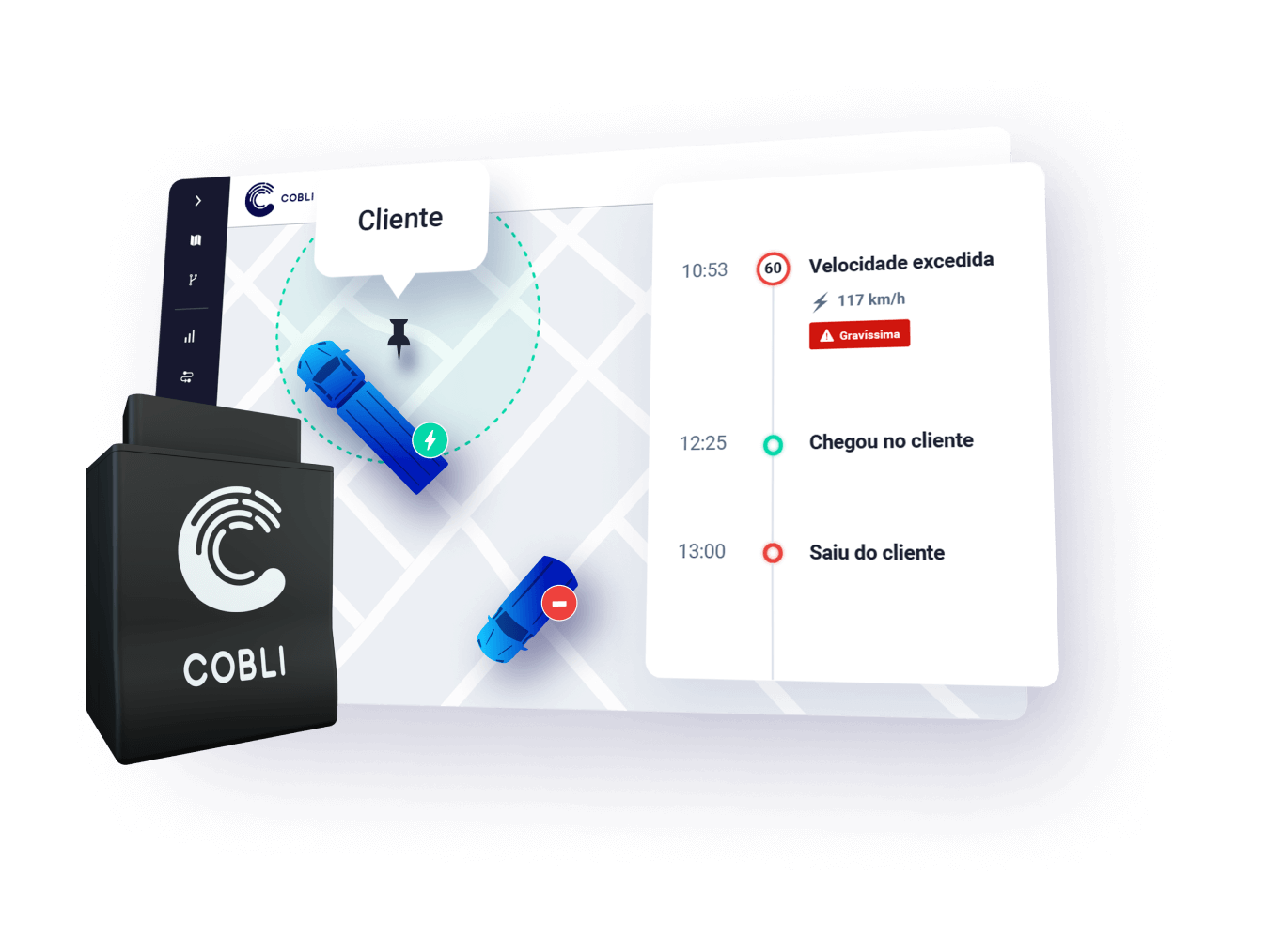 Dispositivo OBD da Cobli ao lado de uma das telas do sistema