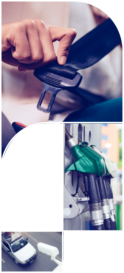Imagens sobrepostas de abastecimento de carros elétricos, uma camêra de monitoramento veicular, uma pessoa andando de bicicleta e o logo da Cobli.