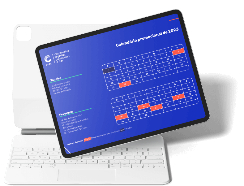 Exemplo de um tablet mostrando o calendário promocional da Cobli.