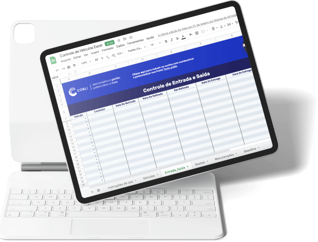 Tablet mostrando a planilha de controle diário de veículos da Cobli.
