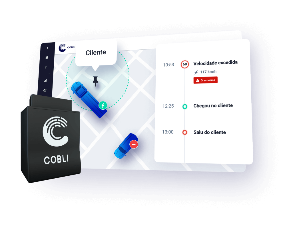 Dispositivo OBD da Cobli ao lado de uma foto do sistema