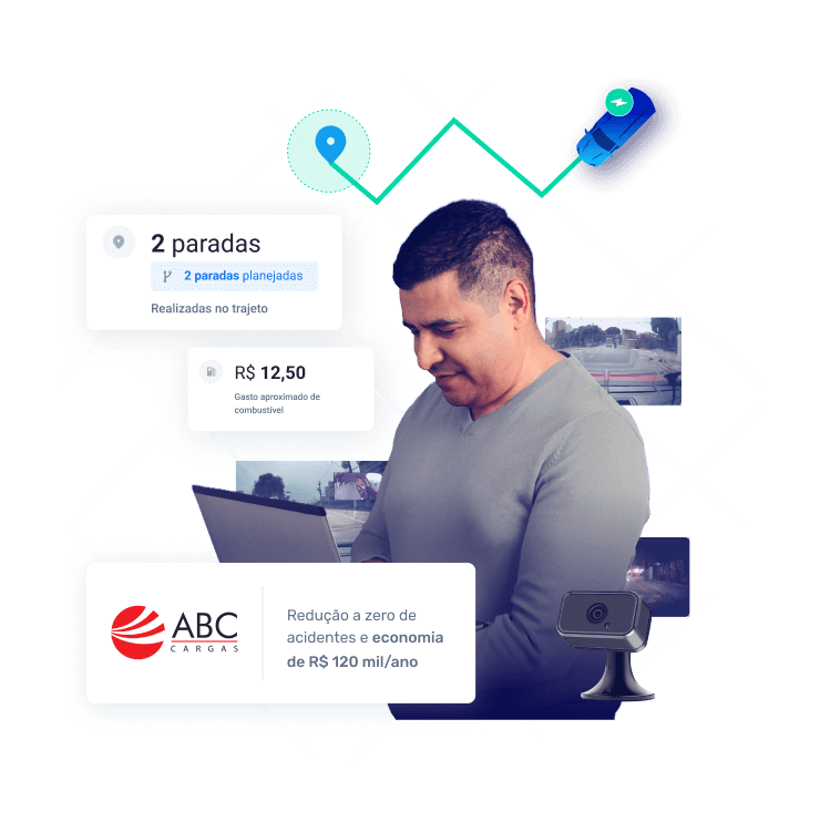 Um homem, com traços faciais latinos e vestindo um sweater cinza, utilizando um notebook. Ao fundo algumas telas que compõem o painel da Cobli, como o mapa de trajeto do veículo e janelas com os seguintes textos: "2 paradas realizadas no trajeto", "15 km distância percorrida" e "R$ 12,50 gasto aproximado com combustível". Além disso, à frente, temos o logo da empresa ABC Cargas, com a descrição "Redução a zero de acidentes e economia de R$ 120 mil/ano" e uma foto da camera de vídeotelemetria da Cobli.