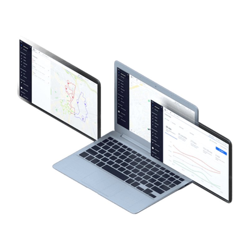 Notebook mostrando múltiplos telas do software da Cobli