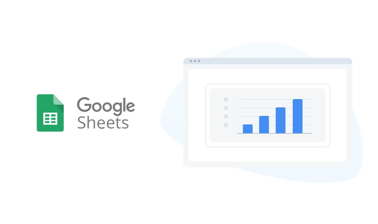 Logo do Google Sheets ao lado de uma tela minimalista mostrando um gráfico de barras.