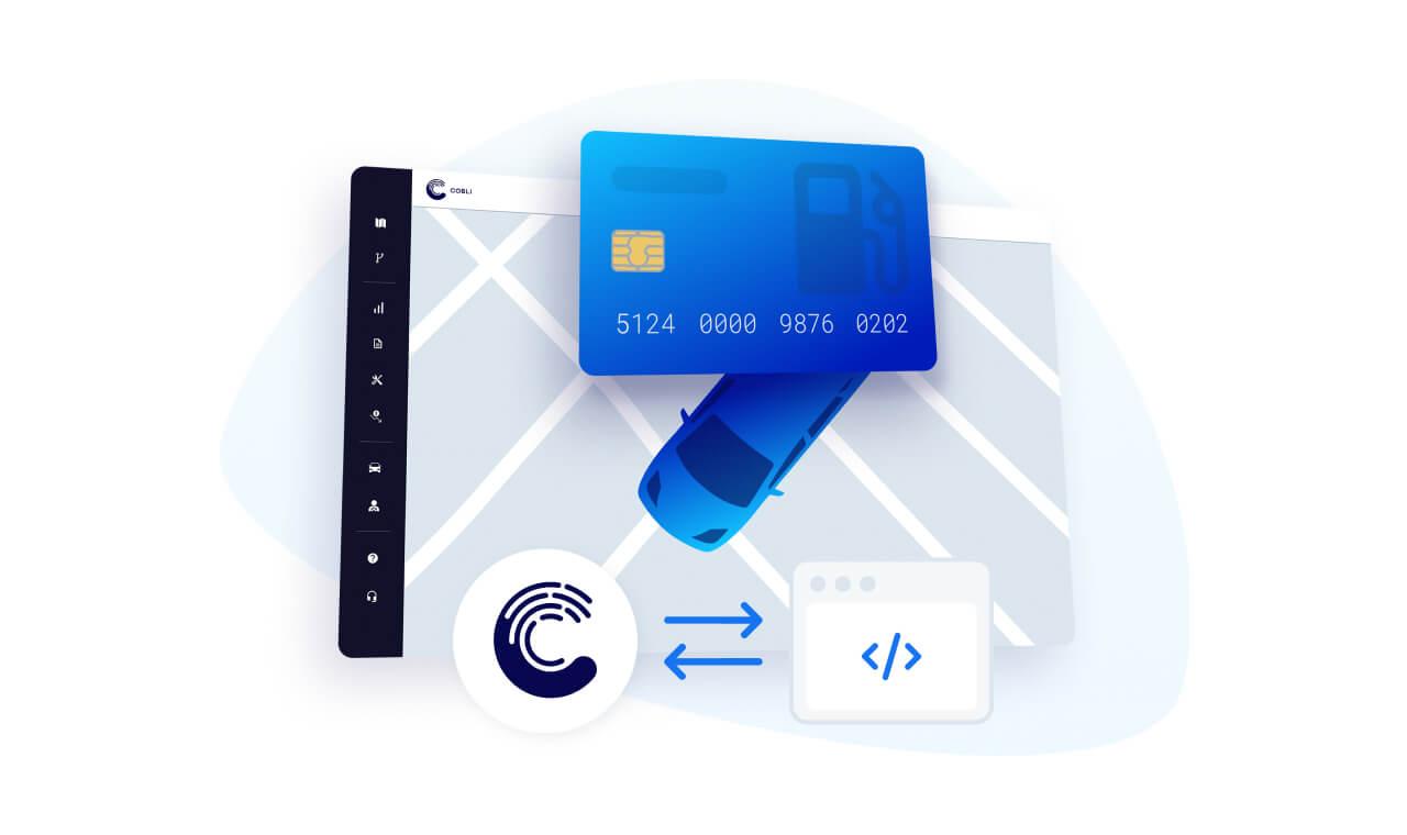 Diagrama mostrando o painel da Cobli, um cartão combustivel sob ele e o logo da Cobli interagindo com um icone de API