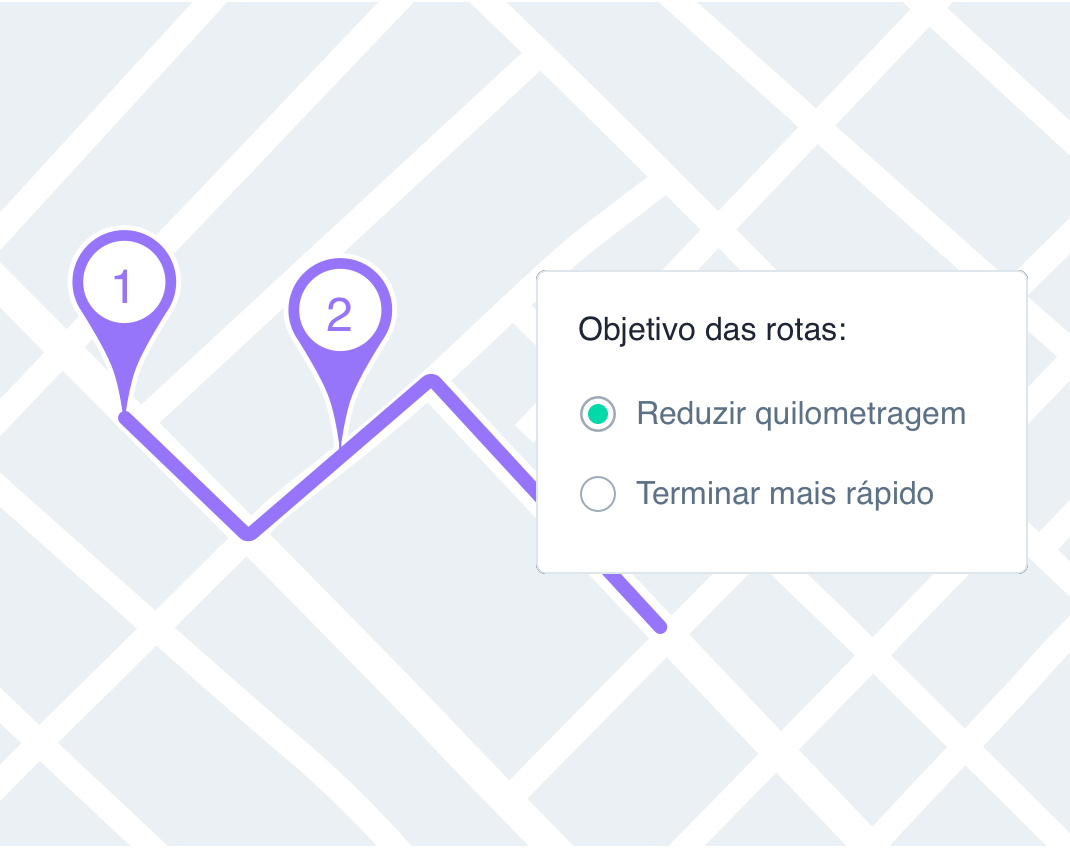 Painel da Cobli mostrando permitindo o usuário definir o objetivo da rota: reduzir quilometragem ou termina-lá mais rapidamente.