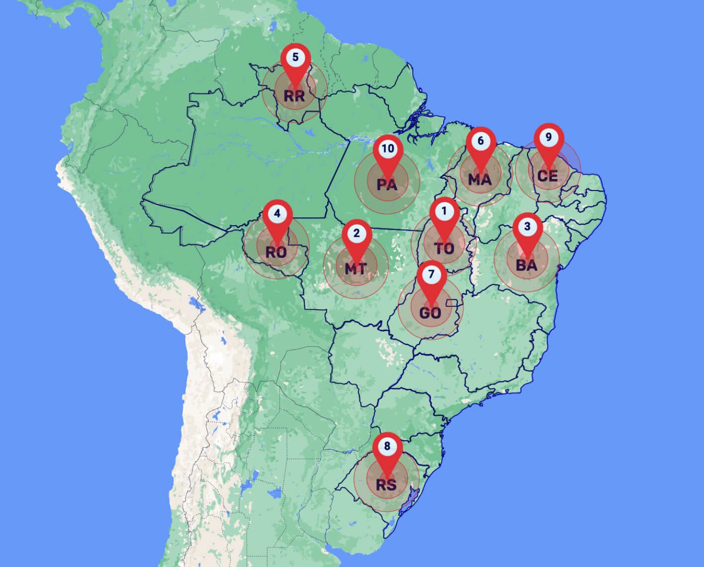 Mapa do Brasil com 10 pins numerados: 01 em Tocantins, 02 no Mato Grosso, 03 na Bahia, 04 em Rondônia, 05 em Roraima, 06 no Maranhão, 07 em Goiás, 08 no Rio Grande do Sul, 09 no Ceará e 10 no Pará