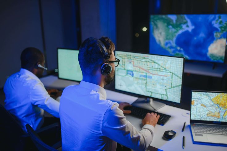 Homens analisam dados para traçar estratégias e ações de resiliência climática para frota.